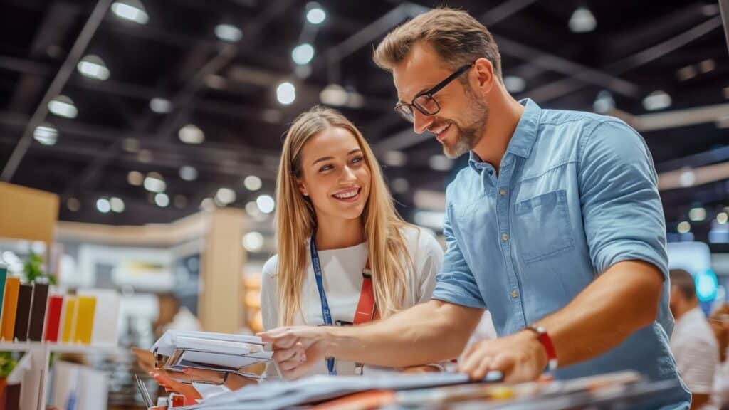 ¿Merece la pena asistir a ferias industriales en 2026? 2 Equipo comercial atendiendo clientes y decisores en ferias industriales del sector B2B